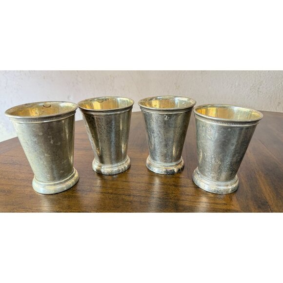 Set Of 4 Vintage Silver-Plated Beaded Edge Mint Julep Cups 4" Tall WEAR READ - Picture 1 of 11